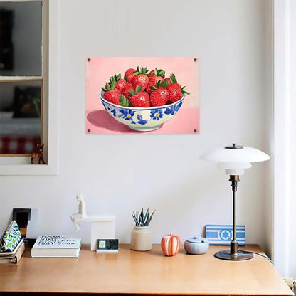 Yesad Strawberry Wall Art Print, Pink Kitchen Wall Décor Fruits Prints Canvas Wall Art Vintage Painting Pictures Modern Wall Décor for Living Room Dining Room Bedroom (Unframed,18”x12”, Strawberry)