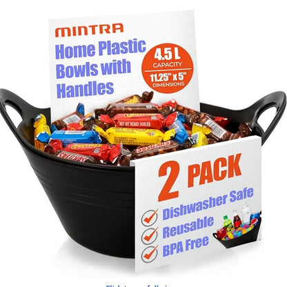 Mintra Home Plastic Bowls with Handles (4.5L Large 2pk, Black) - 11.25W x 5inH (6.75inH with handles) - large bowl for popcorn, snacks, drinks, candy, party, Halloween, trick or treat bowls - 2 Pack