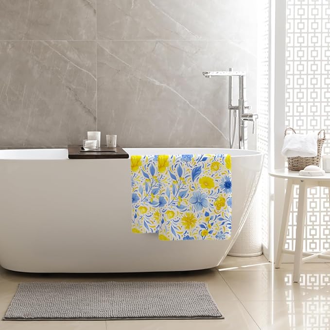 Blue Yellow Floral Decorative Towels for Bathroom Absorbent Watercolor Flower Bath Hand Towels for Bathroom Spa Gym Yoga Farmhouse Spring Summer Home Decor Housewarming Gifts Set of 2