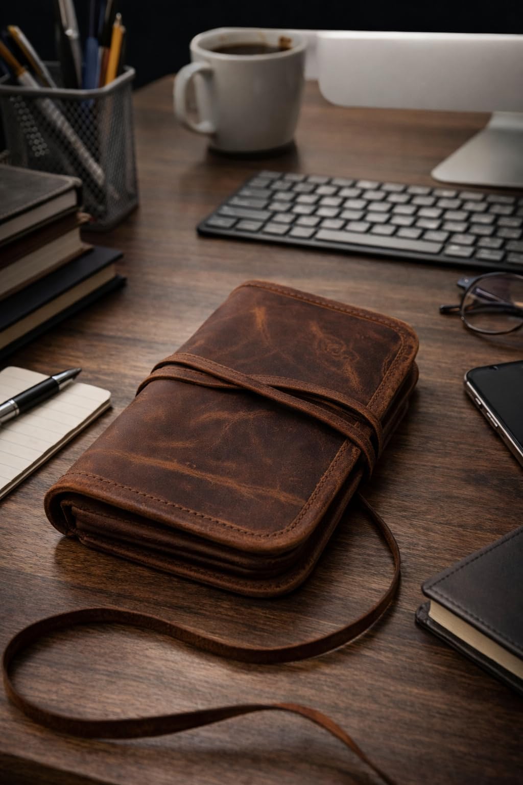JYOS Leather Carry Case Wrap – Handmade Stationery, Make-Up, or Medicine Pouch with Strap Closure – Compact Fair Trade Accessory (7 x 4 x 1.5 in)