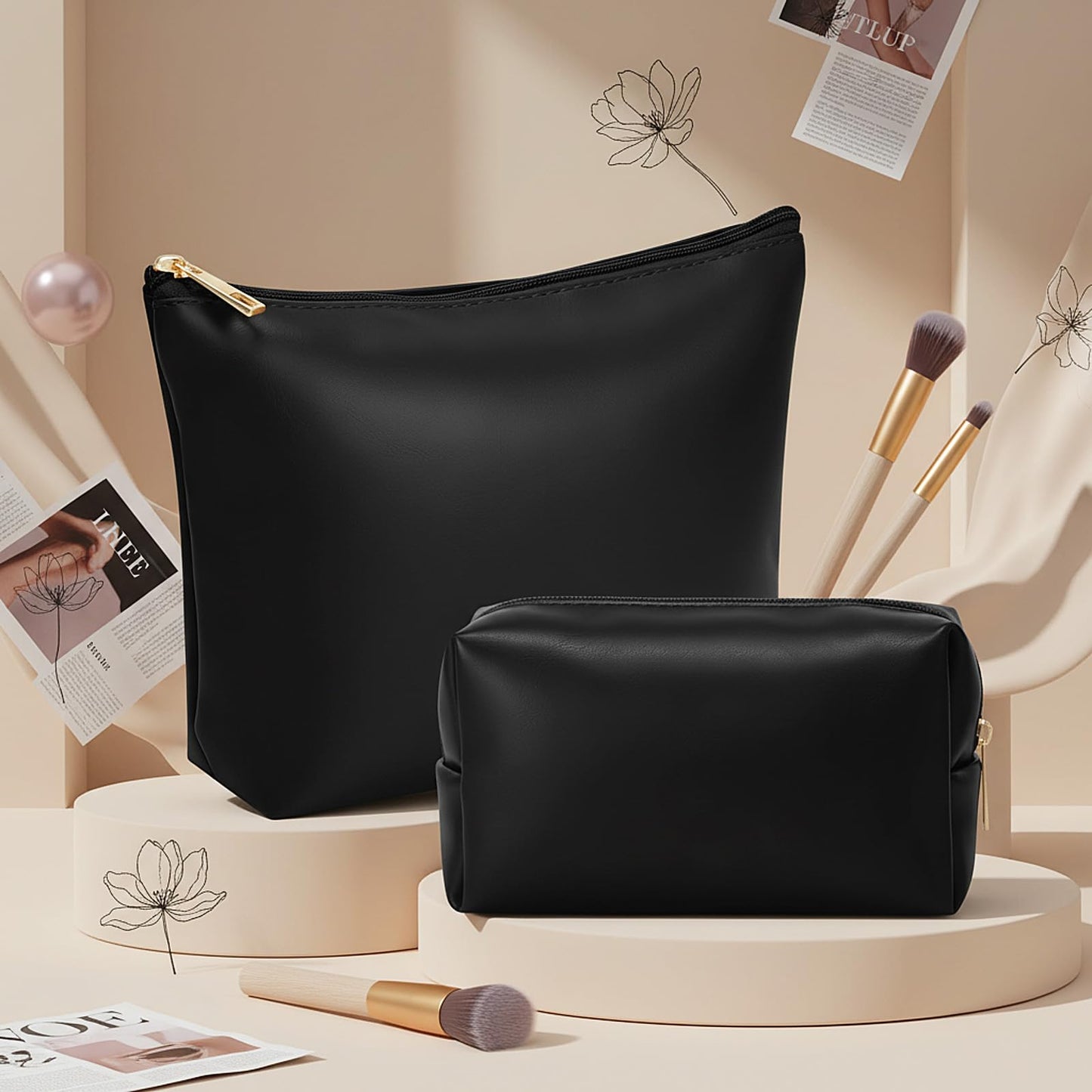 Kigeli 2 Pcs PU Leather Makeup Bag Set for Women Waterproof Aesthetic Cosmetic Bag Large & Small Travel Toiletry Organizer Pouch Skincare Organizer Bridesmaid Mother's Day Birthday Gift(Black)