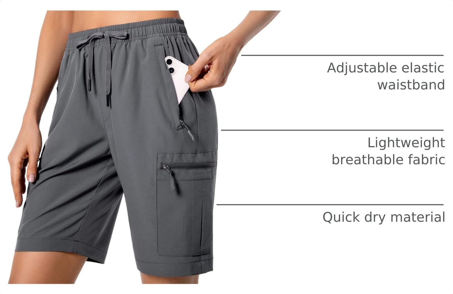 Hugut Women's Lightweight Hiking Cargo Shorts Quick Dry Athletic Shorts Camping Travel Golf Zipper Pockets Water Resistant Dark Grey