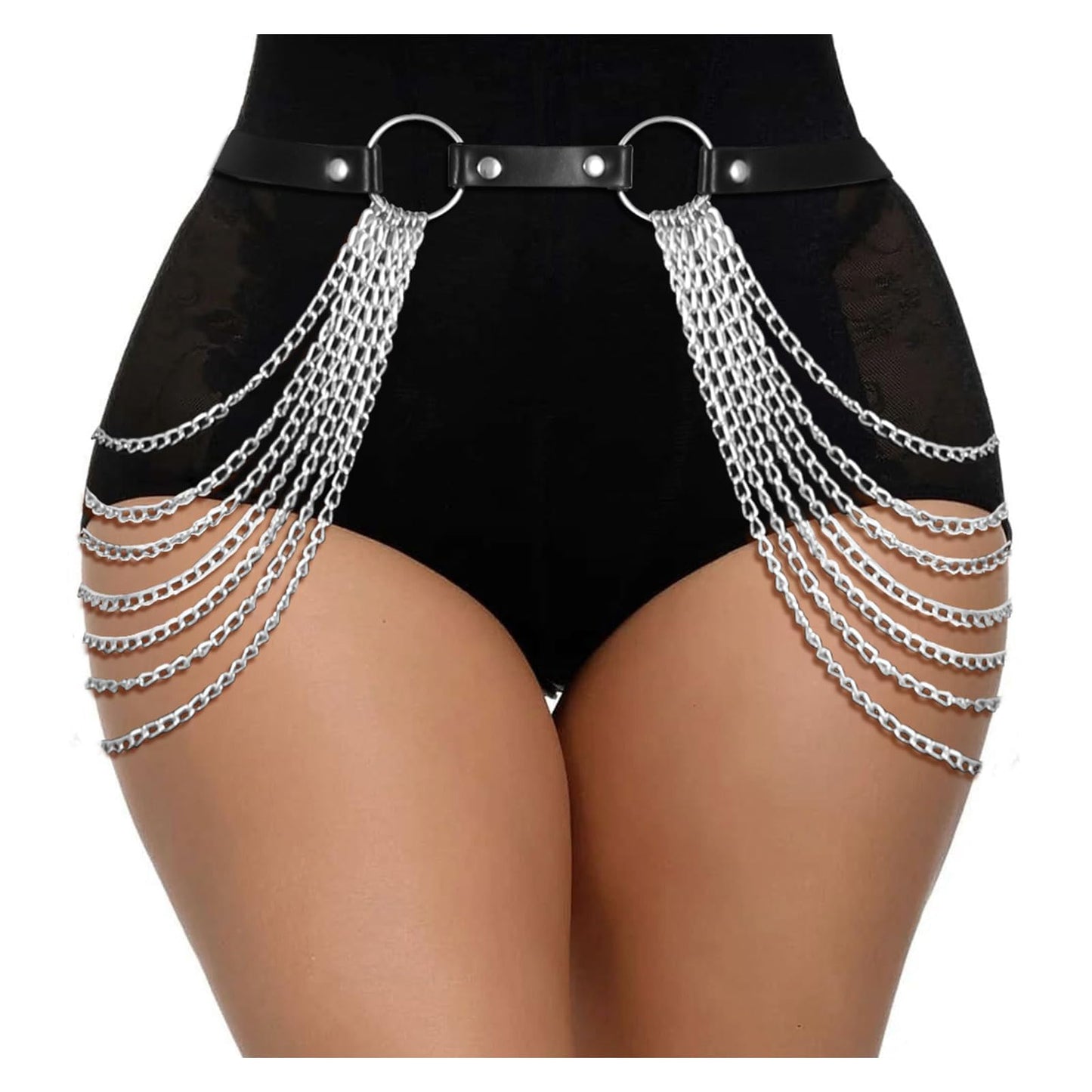 JASGOOD Punk Waist Chain Belt Black Leather Layered Belly Body Waist Chains Nightclub Rave Body Chain Belt for Women Girls (Black, Suit for Waist Size: 40"-46")