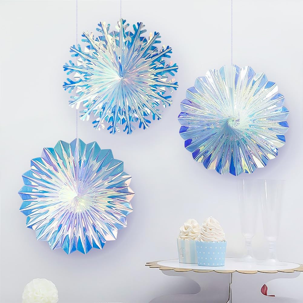 Hanging Decorations Shiny Iridescent Folding Snowflake Fans Rainbow Shine for/Birthday/Christmastree/New Year/Baby Shower/Wedding Party/Shopwindow Supplies (3pcs Fan)