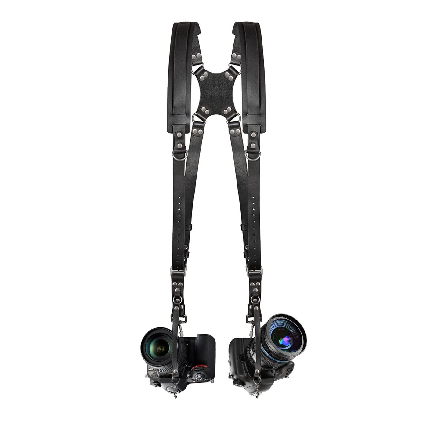 Jumyee Double Camera Harness for 2 Cameras, Adjustable Dual Shoulder Leather Camera Strap for DSLR/SLR(Black Leather)