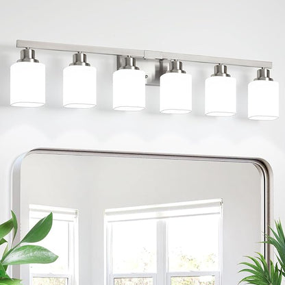 6-Light Bathroom Vanity Light,Brushed Nickel Vanity Lights with Square Frosted Glass,Modern Bathroom Wall Lights Fixtures Over Mirror,Wall Sconces Lighting for Bedroom Living Room,E26