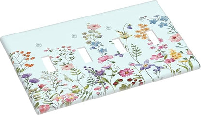 Rustic Wild Floral Vintage Blue Watercolor Flower Quad Toggle Light Switch Covers Decorative Unique 4 Gang Wall Plate Electrical Faceplate Switchplate for Bedroom Bathroom Decor