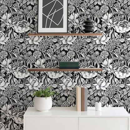 Black and White Floral Wallpaper A Set of 17.3"x120" Modern Boho Peel and Stick Wallpaper Self-Adhesive Removable Floral Contact Paper for Cabinets Drawer Shelf Liner