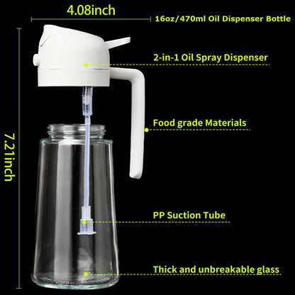 2 Pack Oil Sprayer for Cooking, 2 in 1 Olive Oil Dispenser Bottle for Kitchen, 16oz/470ml Oil Dispenser Bottle, Food-grade Glass Oil Mister for Air Fryer, Oven & Steak Frying,Black&Cream White