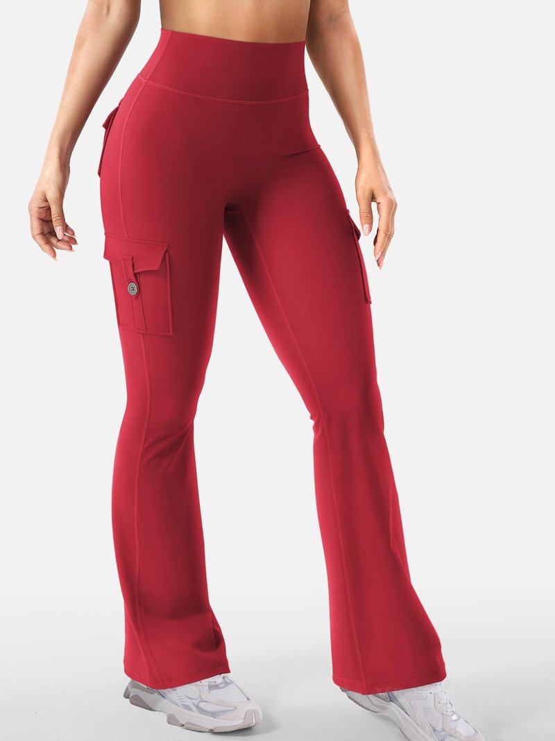 YEOREO CoreFlex Women Workout Flare Leggings with Pockets Hidden Scrunch High Waisted Cargo Gym Yoga No Front Seam Leggings 30" Inseam Red S