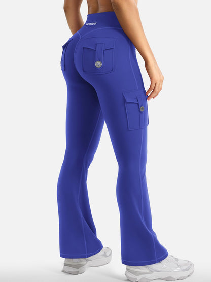 YEOREO CoreFlex Women Workout Flare Leggings with Pockets Scrunch Cargo Gym Yoga Leggings 28" Inseam Dazzling Blue S
