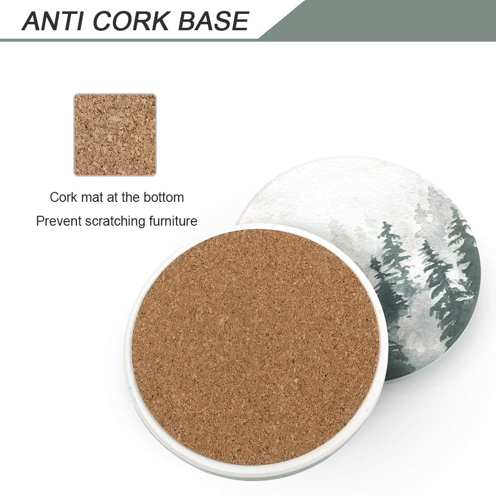 Lahome Forest Pattern Coasters - Round Drinks Absorbent Stone Coaster Set with Ceramic Stone and Cork Base for Kinds of Mugs and Cups (Forest, 4)