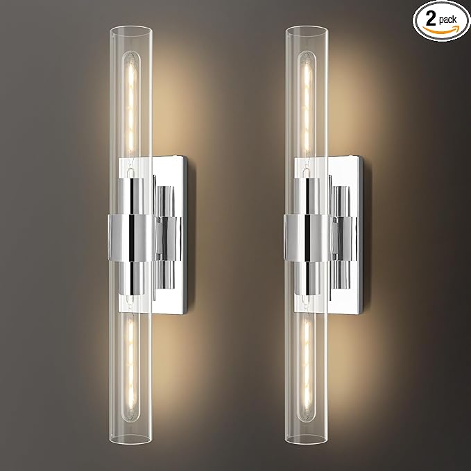Chrome Wall Sconces Set of 2, 22.8" Bathroom Sconces, Indoor Sconces Lighting with Glass, Nickel Vanity Lights with Tube, Dimmable Bedroom Bedside Wall Light for Dressing Table Staircase