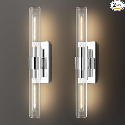 Chrome Wall Sconces Set of 2, 22.8" Bathroom Sconces, Indoor Sconces Lighting with Glass, Nickel Vanity Lights with Tube, Dimmable Bedroom Bedside Wall Light for Dressing Table Staircase