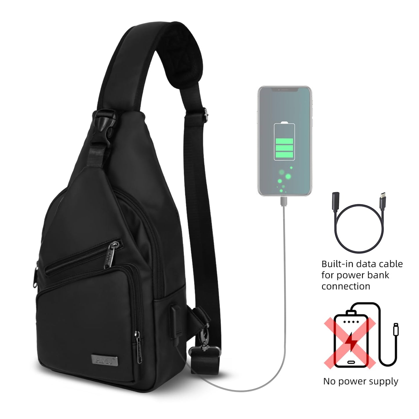 AMJ Crossbody Sling Bag Men Women, Casual Shoulder Backpack, Chest Daypack Satchel for Hiking Travel (Black Leather, Small)