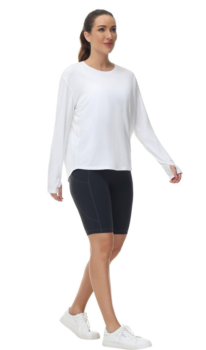 THE GYM PEOPLE Women's Long Sleeve Workout Shirts Back Loose Fit Running Tee Tops with Thumb Hole White