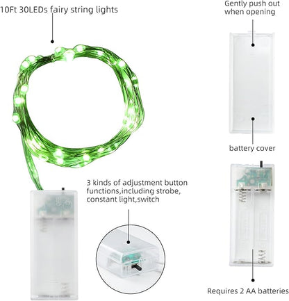 Mandiq 4 Pack Fairy Lights Battery Operated, String Lights 10ft 30 LEDs, Flashing and Constant Light Mode, Silver Wire Mini Lights for Festival, Christmas Decoration, Green