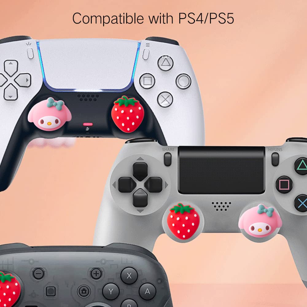 PERFECTSIGHT Cute Thumb Grip Caps for Switch 2 2025, PlayStation 4/5, PS5, PS4, Xbox Series X/S, Xbox One, Switch Pro Controller, 4PCS Kawaii Soft Rubber Analog Thumbsticks Joystick Cover, Strawberry
