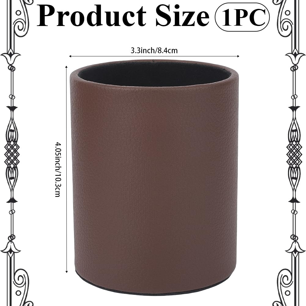 CALFOVERA PU Leather Round Pencil Cup Holder for Desk Multifunctional Stationery Container Luxury Brown Leather Pens Glitter Bling Makeup Brush Stroage Box Case Desktop Organizer for Office
