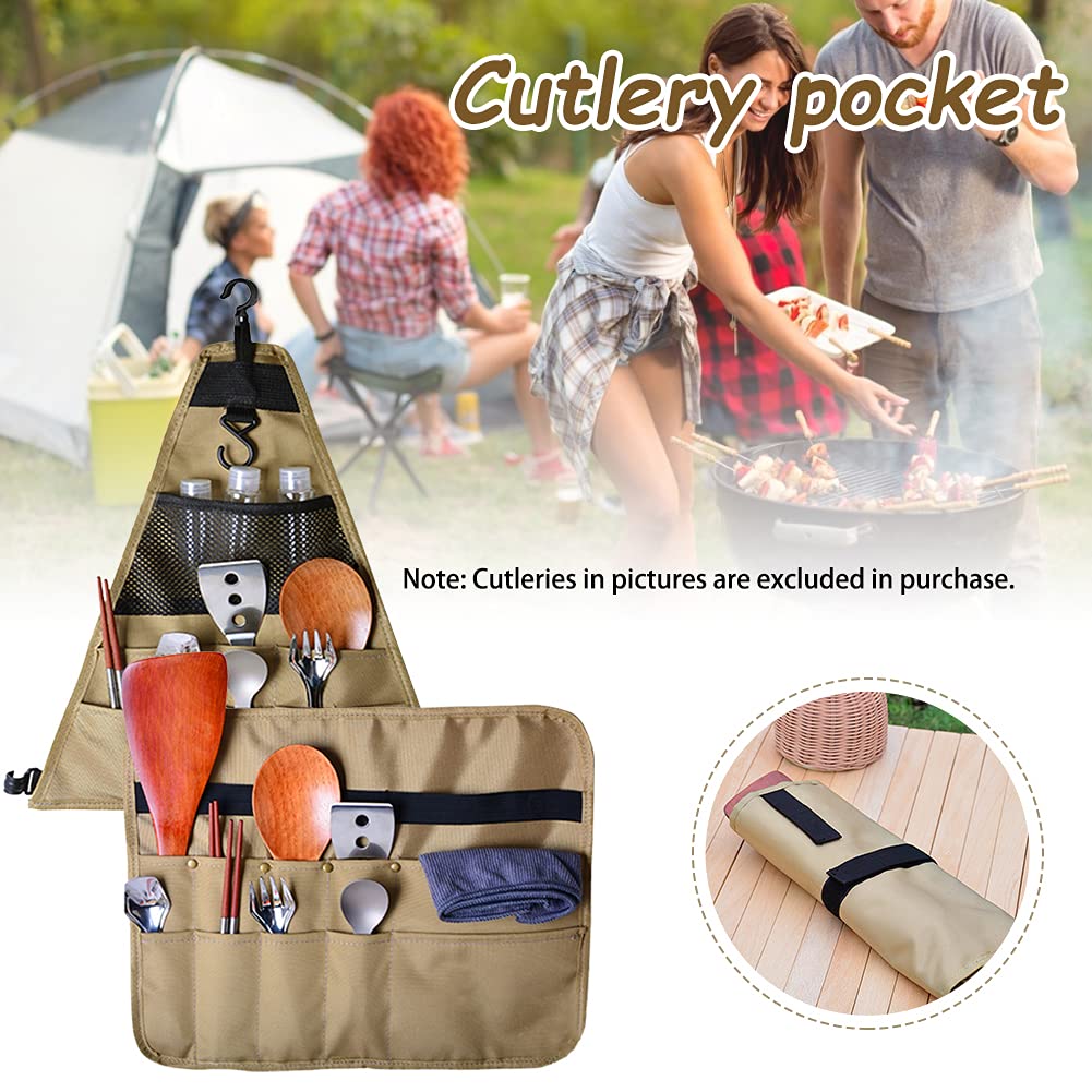 PWPAM Camping Tableware Storage Bag Picnic Cutlery Organizer Cooking Utensils Hanging Bag (Square, Khaki)