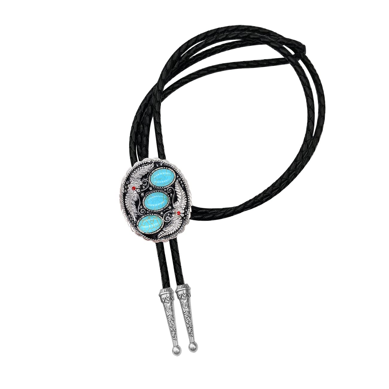 QUKE Vintage Native American Western Cowboy Three Blue Turquoise Stone Bolo Tie Hand-woven Leather Bola Tie Necktie for Men