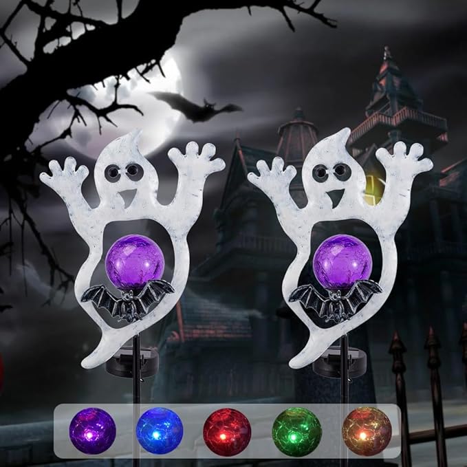 Viveta Solar Halloween Lights, 2 Pack Ghost Solar Lights Outdoor with Color Changing Crackle Glass Ball for Halloween Decorations Outdoor Garden Yard