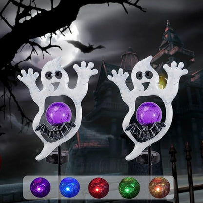Viveta Solar Halloween Lights, 2 Pack Ghost Solar Lights Outdoor with Color Changing Crackle Glass Ball for Halloween Decorations Outdoor Garden Yard