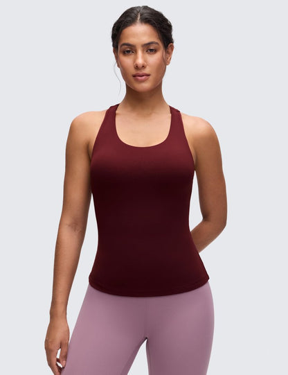 CRZ YOGA Butterluxe Workout Racerback Tank Tops for Women - Padded Athletic Spandex Yoga Shirts with Built in Bra Red Merlot Large