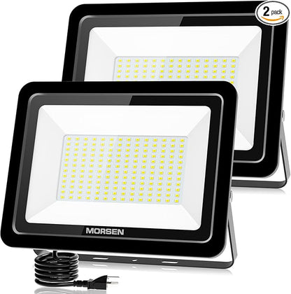 MORSEN 200W Flood Light Outdoor Plug in - 20000LM 5000K LED Flood Light, IP66 Waterproof, UL Listed Daylight Security Lights for Garden, Yard, Garage, Stadium, 2 Pack