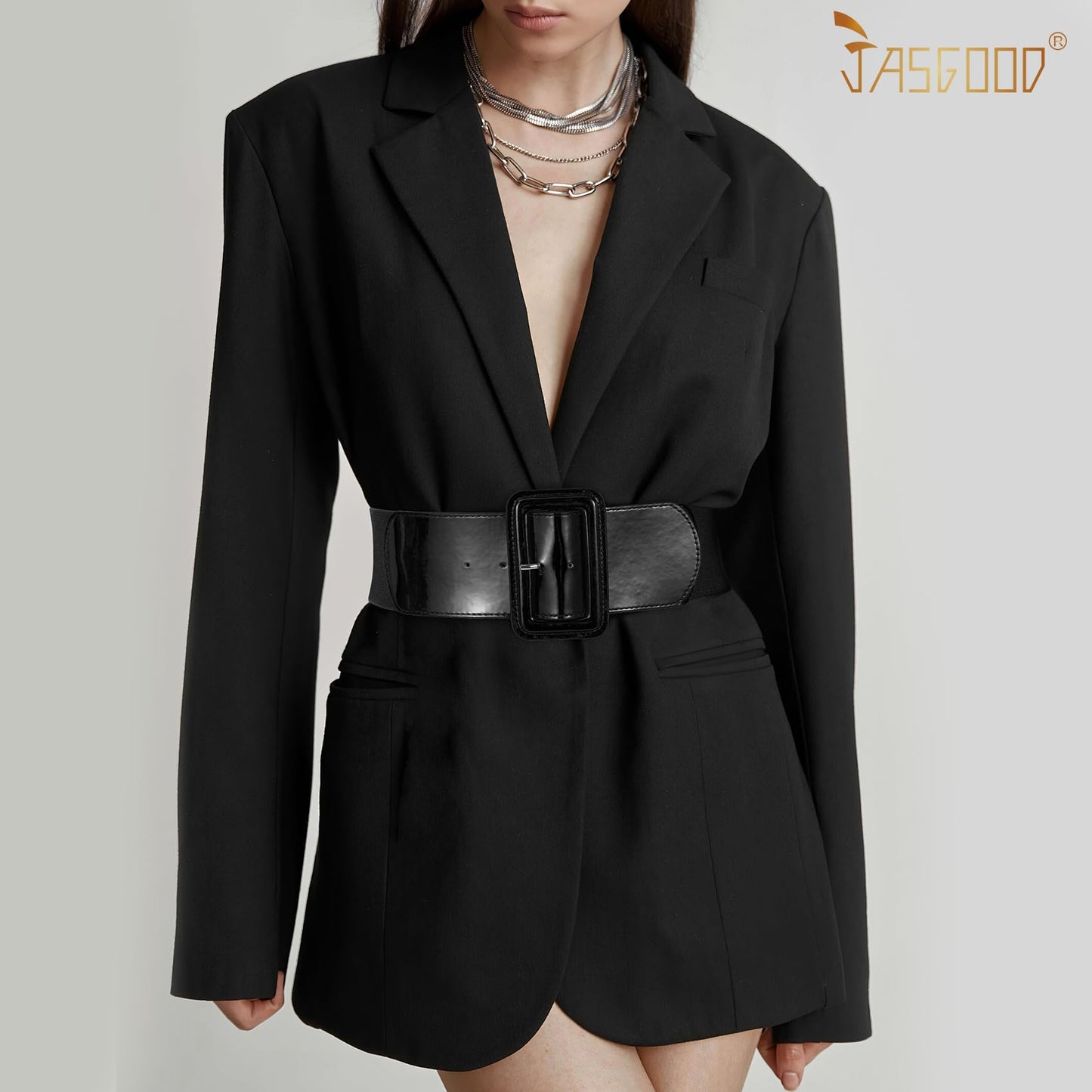 JASGOOD Women Wide Stretchy Belt Vintage Elastic Waist Belt for Dresses Fashion Ladies Waist Patent Leather Belt with Square Buckle