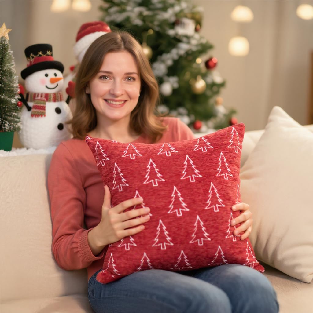 Auomily Christmas Chenille Pillow Covers 20x20 Set of 2, Reversible Snowflake & Tree Design, Cozy Farmhouse Holiday Throw Pillowcases with Hidden Zipper for Sofa, Couch and Bed(Red,20x20)