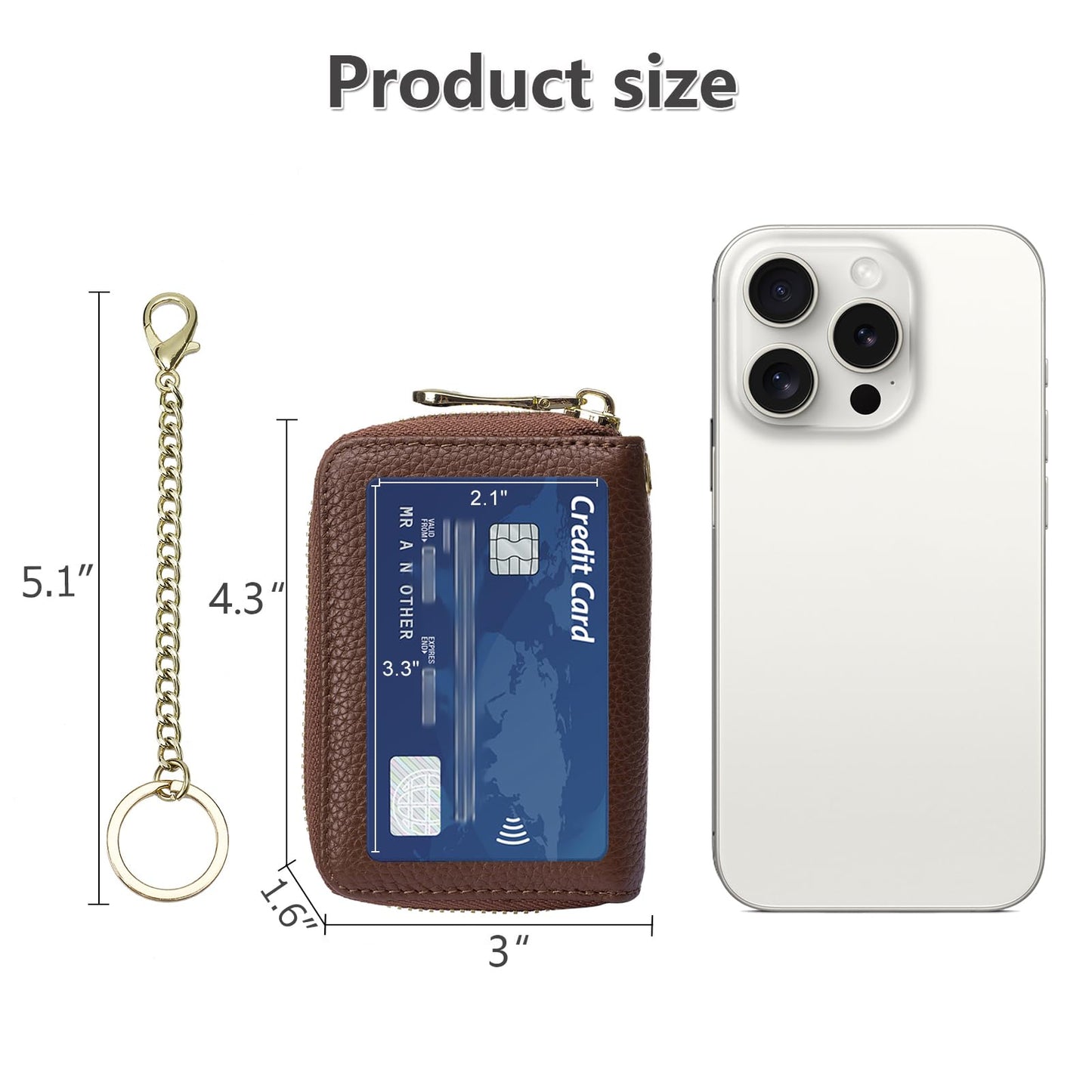 imeetu RFID Credit Card Wallet, Genuine Leather Zipper Card Case Holder with Removable Keychain(Max - Brown)