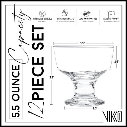 Vikko Dessert Bowls, 7 Ounce Ice Cream Sundae Bowls, Set of 12 Footed Dessert Cup For Ices, Pudding, Fruit, and More, Dishwasher Safe