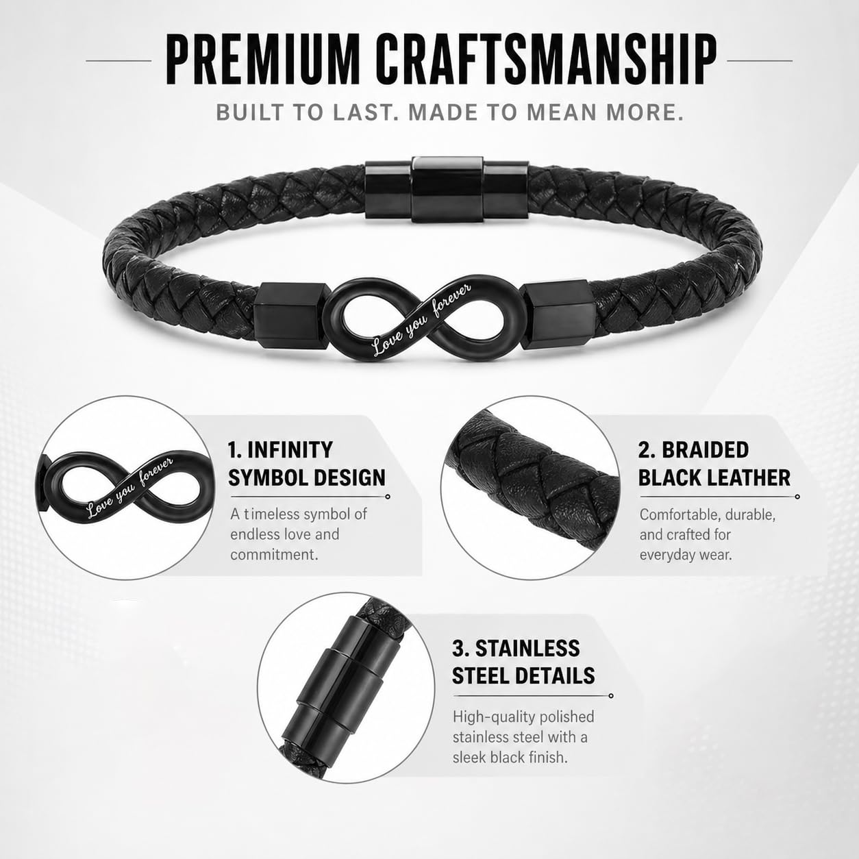 To My Husband Bracelet, Stainless Steel Engraved Love You Forever Black Braided Leather Promise Wristband Bracelets With Encouragement Message Card Anniversary Birthday Jewelry Gift (Husband Infinity-21)
