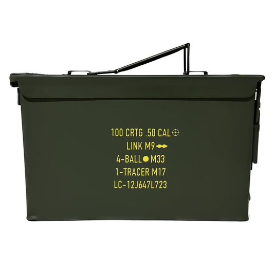 U.S. Military Issue 50 Cal Ammo Can (M2A1/M2A2), Solid Alloy Steel Storage Containers – Watertight & Airtight Army Ammo Box w/Hinged Lid, Locking Latch - Military Grade Ammo Cans Metal