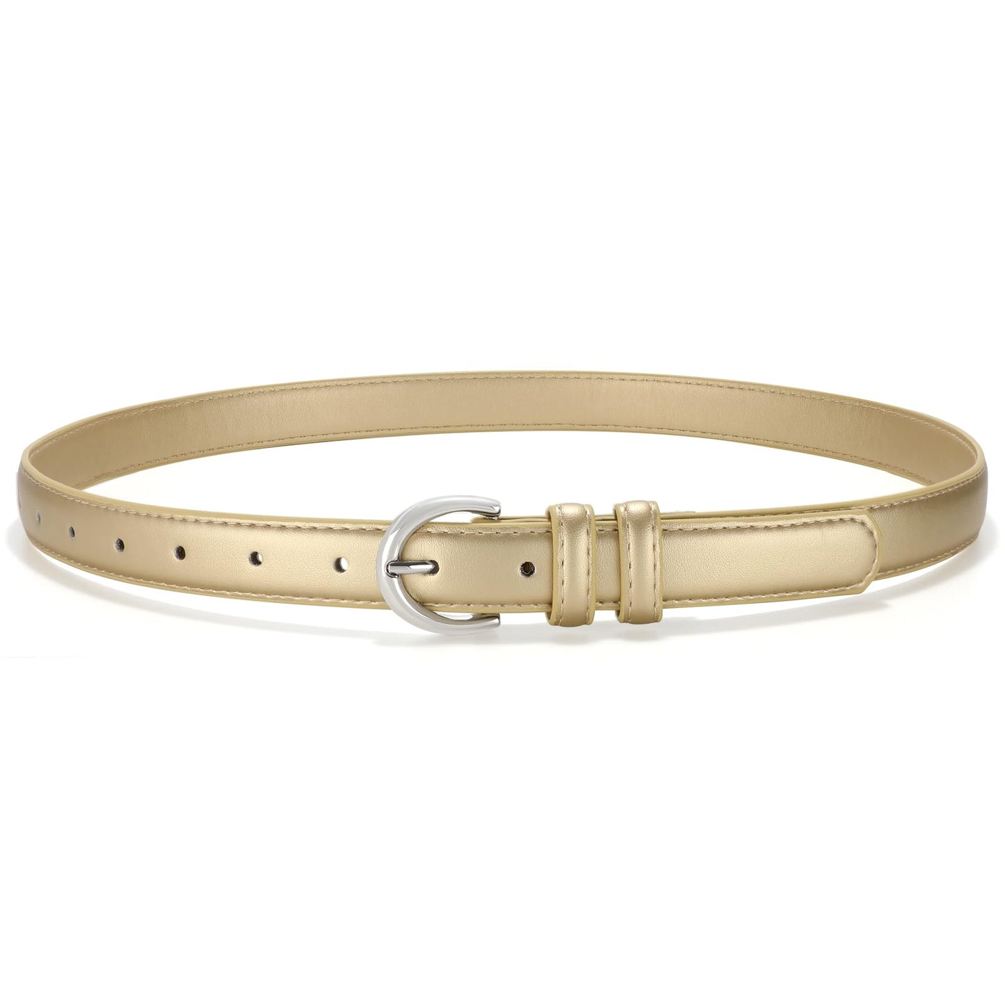 SANSTHS Women Leather Belt for Jeans Pants Fashion Ladies Skinny Belt for Dresses Thin Belt with Single Prong Buckle,Gold,S