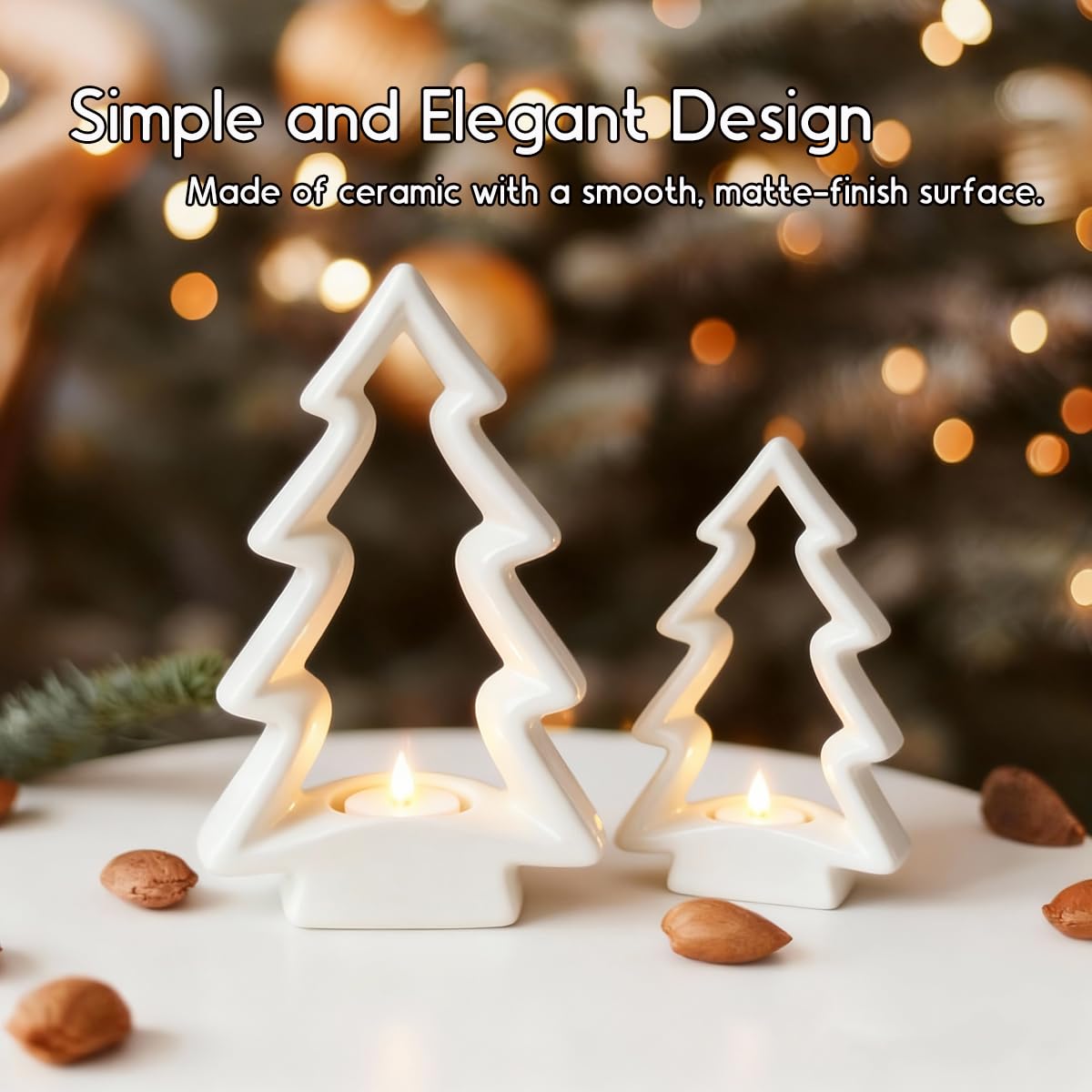 Mokof 2 Pcs White Ceramic Christmas Tree with LED Tea Lights & Remote Control, Farmhouse Tabletop Christmas Decorations Indoor for Mantle, Fireplace, Shelf Winter Holiday Home Decor (9.5" H & 7.5" H)