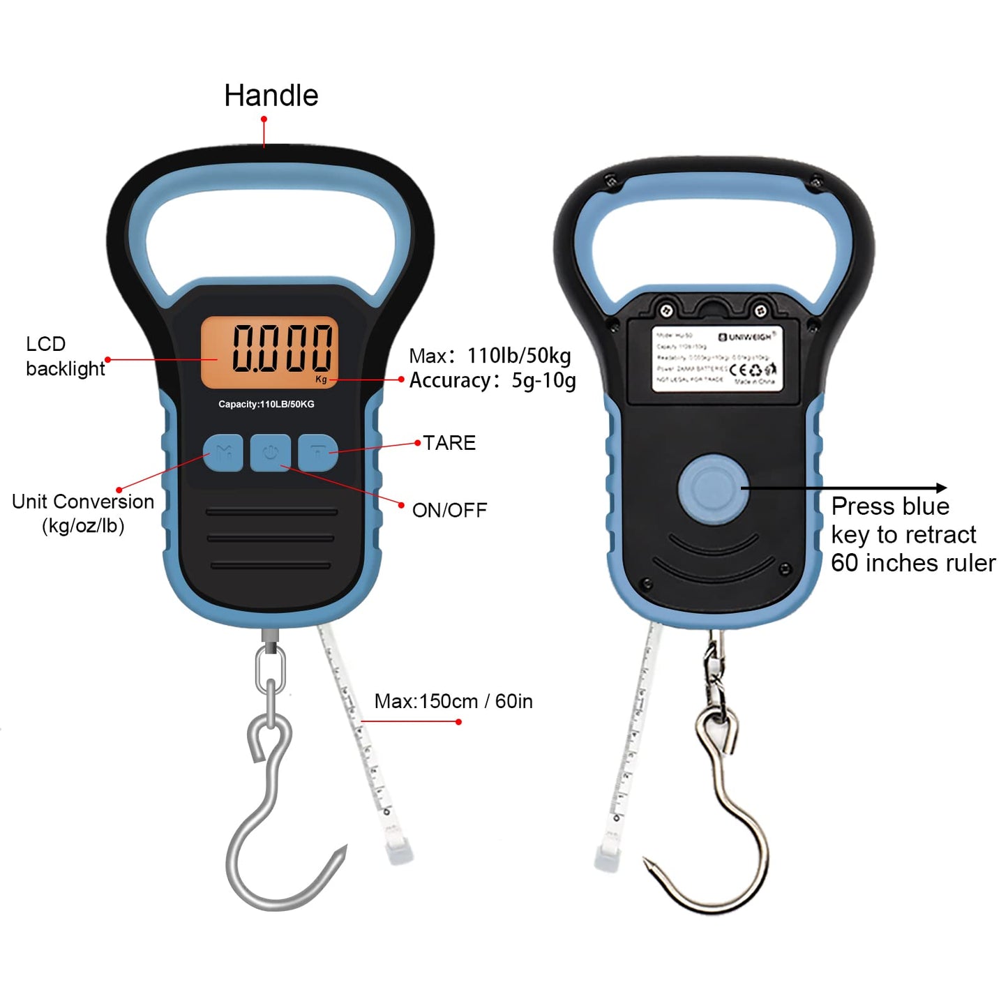 UNIWEIGH Waterproof Fishing Scale with Lip Gripper,110lb/50kg Postal Hanging Luggage Scale with Hook, Digital Handing Scale with 60inch Tape Measure,Luggage Hook, Backlit LCD Display