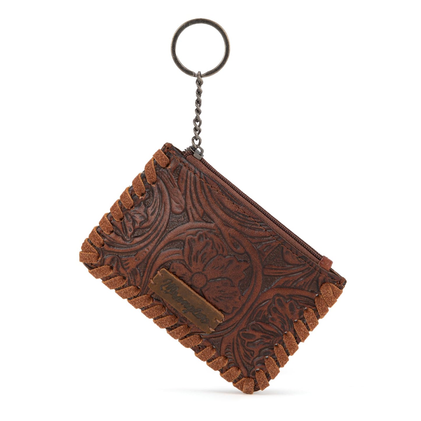 Montana West × Wrangler Leather Change Wallet with Keychain for Men Women Small Coin Pouch Western Design, Brown
