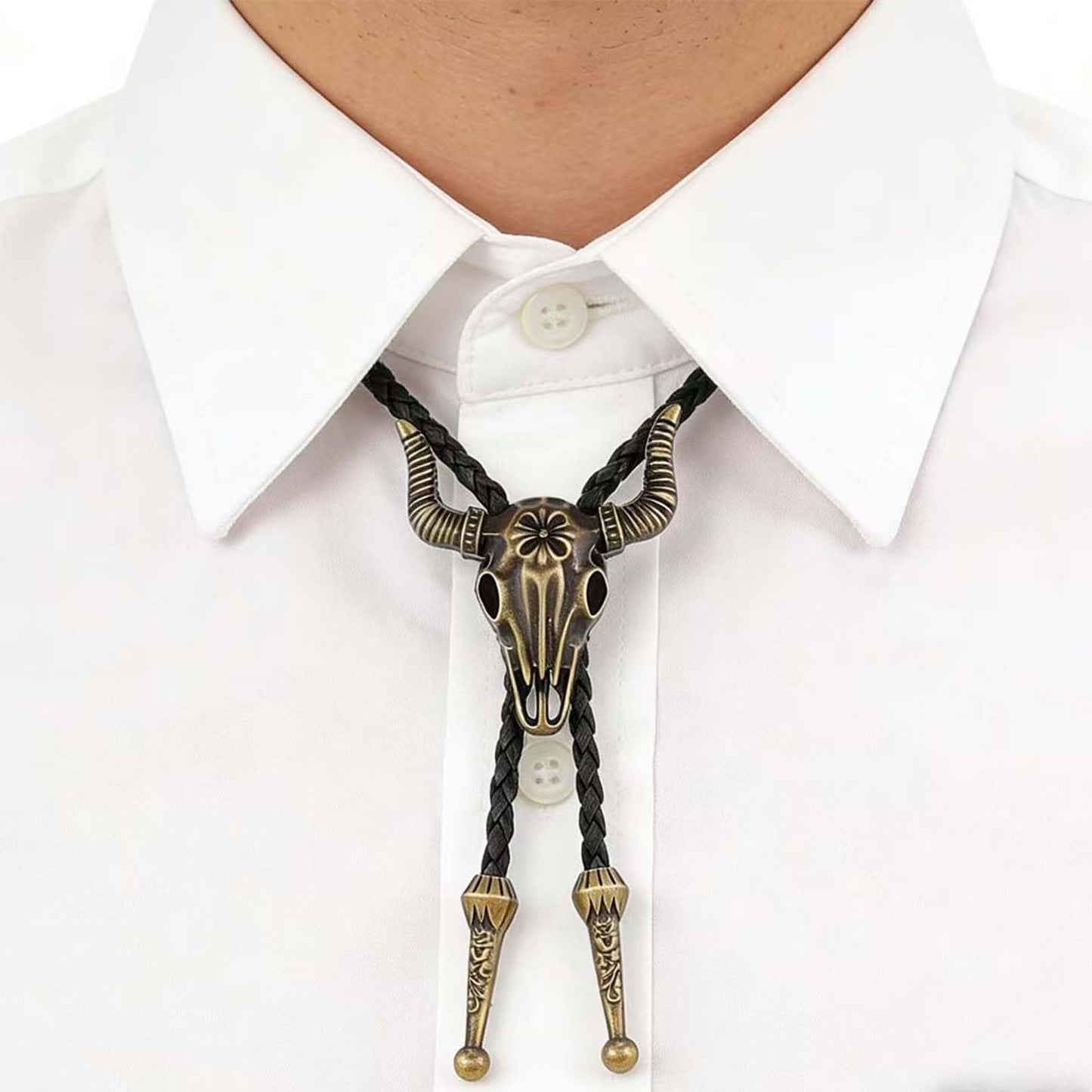 Daoofukeji 4Pcs Western Cowboy Bolo Tie for Men - Retro Engraved Alloy Pendant & Braided Leather Rope Necktie,Cowboy Ties Necklace Perfect for Daily Wear, Cosplay, Party, and Holiday Gifts