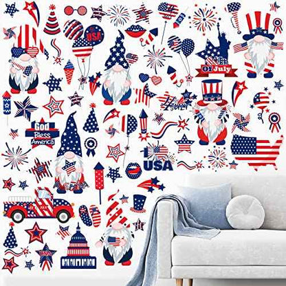Patelai 6 Sheets 4th of July Decoration Patriotic Wall Stickers Independence Day Wall Decals American Flag Star Red White Blue Clings Memorial Day Window Clings for Patriotic Party Favors Decor(Gnome)