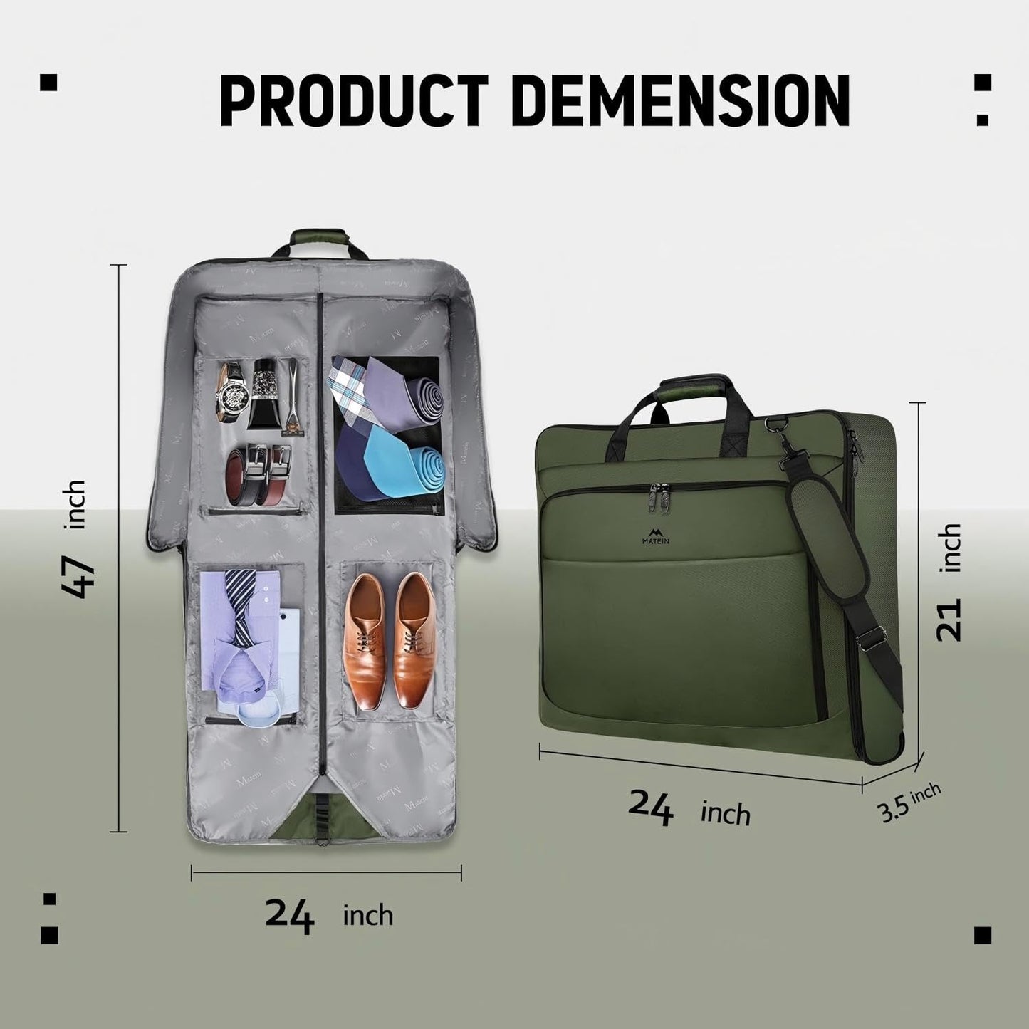 MATEIN Travel Garment Bag, Large Convertible Carry On Suit Bag with Adjustable Shoulder Strap, Waterproof 2 in 1 Hanging Luggage for Men Women, Foldable suitcase for Business Trips, Green