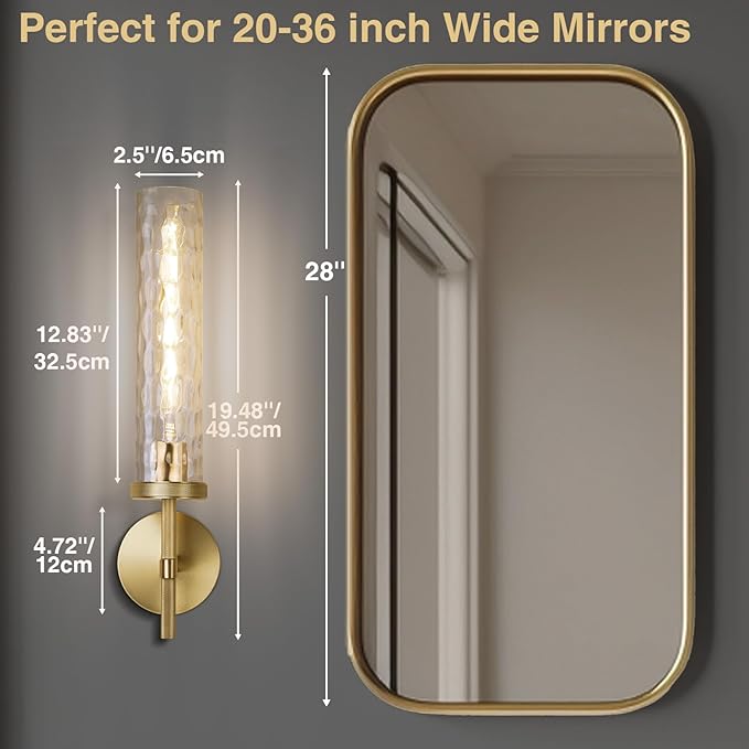 Gold Sconces Wall Lighting 19.48" with Rippled Glass Shade, Solid Knurled Brass Wall Sconces, Vintage Industrial Sconce Lamps for Bedroom Bathroom Entryway & Staircase Mirror Decor(Including Bulb)