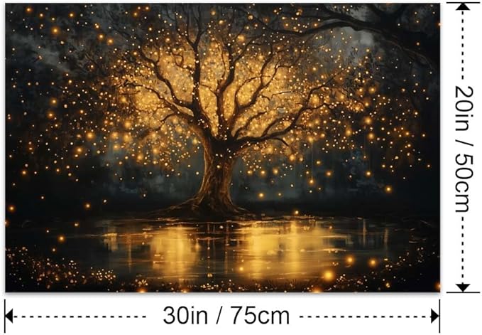 Yesad Tree of Life Canvas Wall Art, Spiritual Wall Art Fairy Lights Prints Landscape Painting Wall Décor for Living Room Bedroom Farmhouse Housewarming Gift (Unframed,30”x20”, Tree7)
