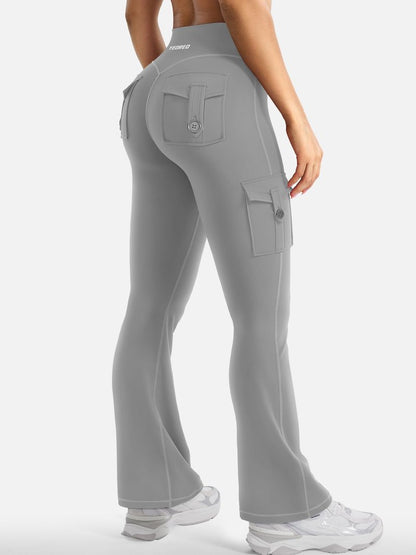 YEOREO CoreFlex Women Workout Flare Leggings with Pockets Scrunch Cargo Gym Yoga Leggings Light Gray XXL