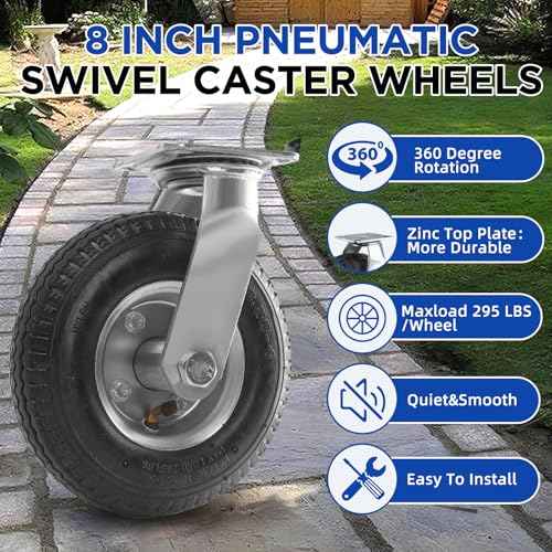 RRQ 8 Inch Caster Wheels, Pneumatic Swivel Caster Wheels with Zinc Top Plate 360 Degree Rotation for Cart, Dolly, Trolley, Workbench and Wagon, Black Rubber Wheels, 590 Lbs Total Capacity (2 Pack)