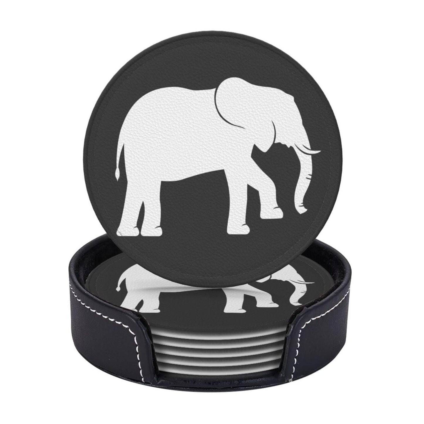 Black and White Elephant Leather Drink Coasters Set of 6 with Holder Round Cup Coaster for Table Decor