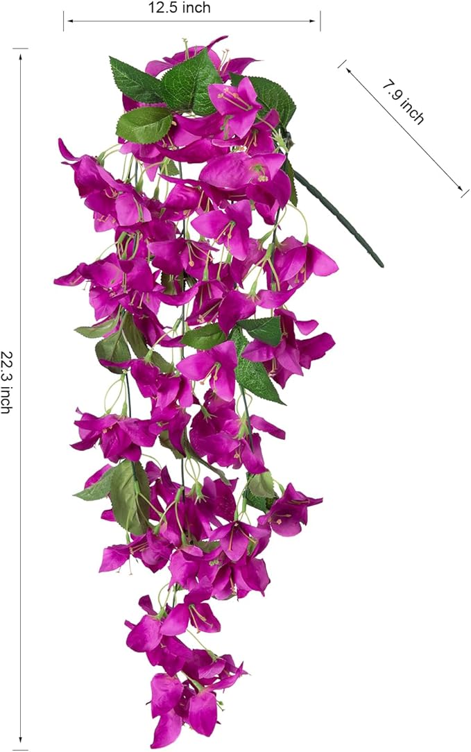 2PCS Bougainvillea Artificial Hanging Flowers Plants for Outdoors Outside Fall Decoration, Faux Silk Flowers Fake Vines UV Resistant Look Real Realistic for Front Door Porch Planter Balcony, Fuchsia