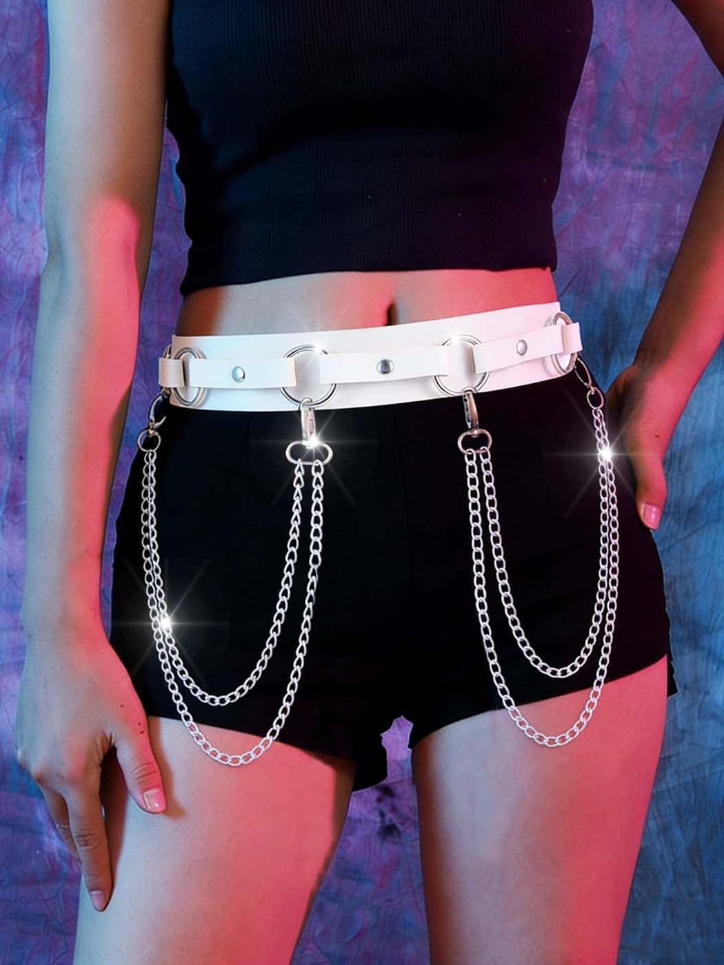 Obmyec Punk Waist Chain Belts Leather Belly Body Chain Gothic Black Leather Waist Accessories for Women (White)