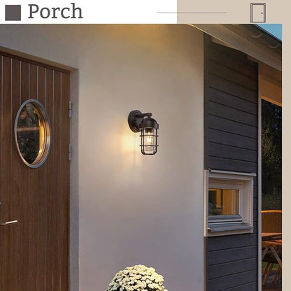 Emliviar Farmhouse Outdoor Wall Sconces, 2 Pack Vintage Exterior Light Fixtures with Nautical Metal Cage and Tempered Glass, Oil Rubbed Bronze Finish, GE255B-2PK ORB
